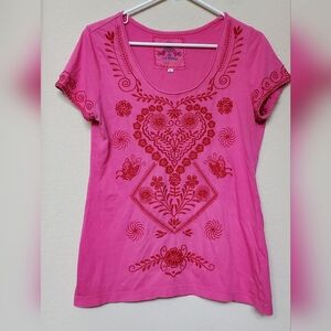 Johnny Was Vibrant Pink Boho Cottagecore Embroidered Short Sleeve Top.